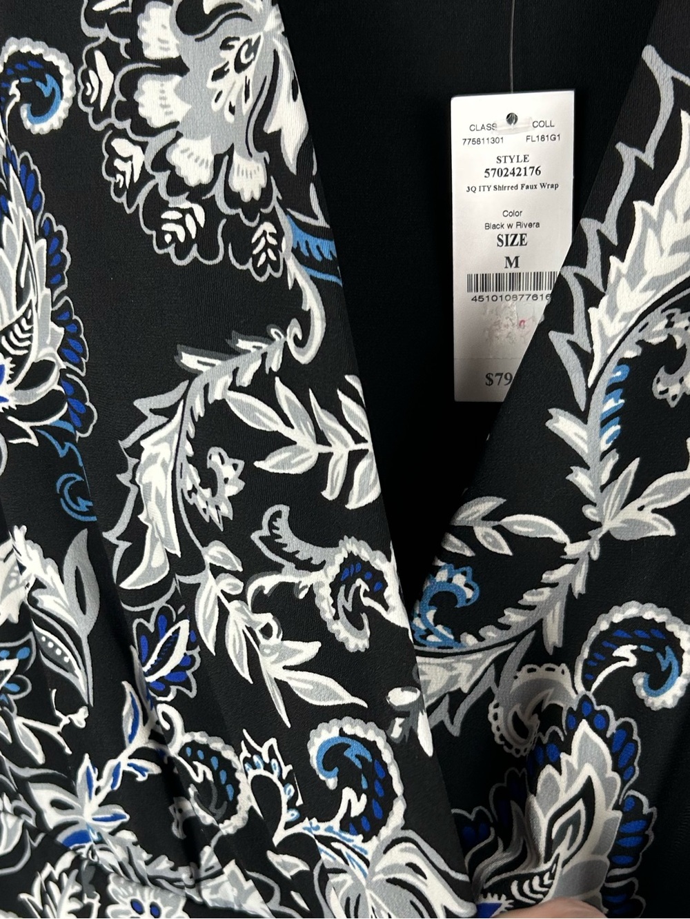 White House Black Market Faux Wrap Dress Black Blue Paisley Floral NWT Medium - Picture 3 of 9